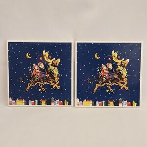 Set of 2 1991 Beechwood Ltd Christmas Ceramic Tile Trivet 6x6 Reindeer Sleigh‎